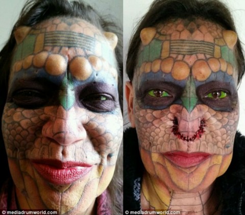 Tiamat antes de retirar o nariz (esquerda) e depois (direita).