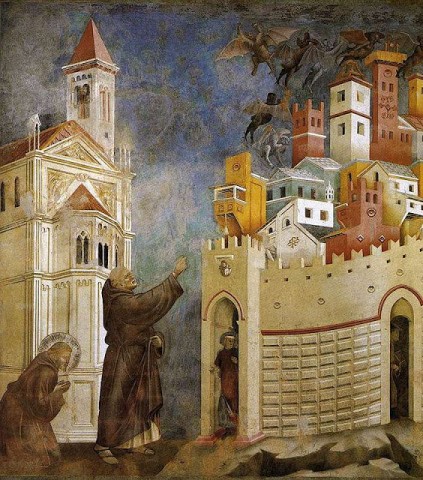 Demônios fogem exorcizados de Arezzo pelos méritos da oração de São Francisco.