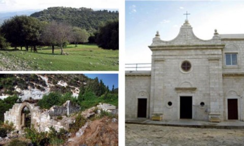 Esq: Vista do alto de El-Muhraqa ( em cima). As ruínas que se acharam em Wadi es-Siah remontam aos séc. XII e XVII (embaixo). Dir: Santuário Carmelita do sacrifício de Elias.